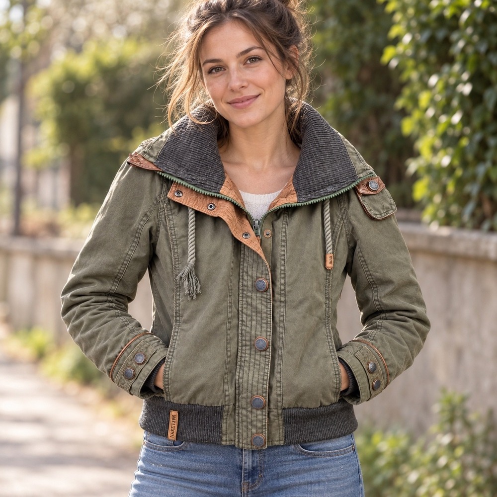 Naketano Brave New Word Olive Green Cotton Bomber Jacket Womens M Zip Snap Lined